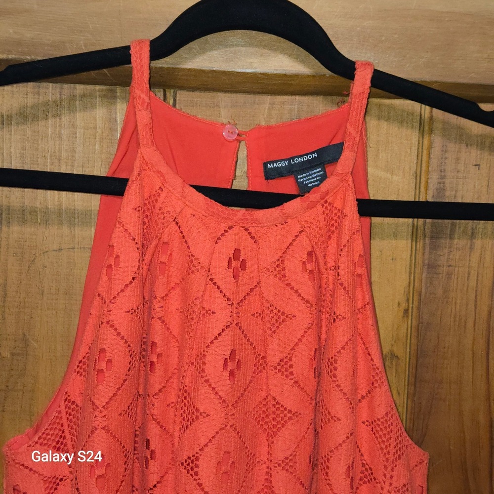 Maggy London Coral Orange Lace Halter Dress Geometric Diamond Handkerchief Hem 6